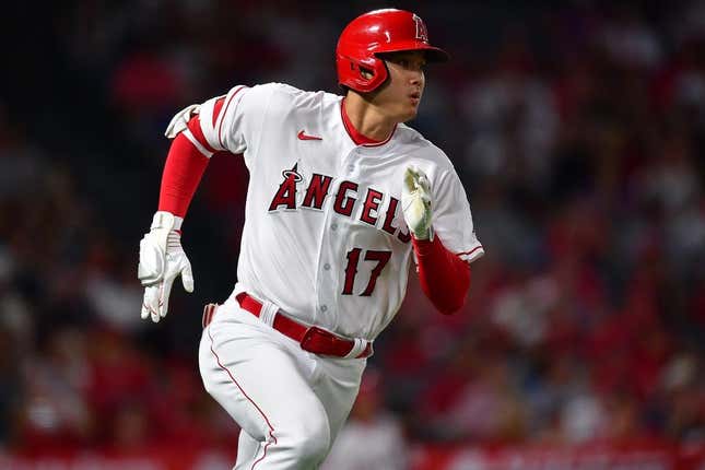 Aug 19, 2023; Anaheim, California, USA; Los Angeles Angels designated hitter Shohei Ohtani (17) runs after hitting a double against the Tampa Bay Rays during the eighth inning at Angel Stadium.