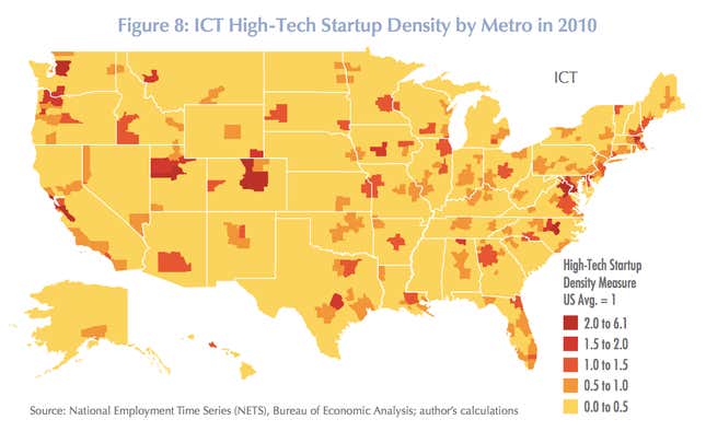Everything with a value higher than 1 has more startups per capita (in a given census tract) than the US as a whole.