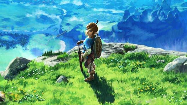 Link looks behind himself while near the edge of a cliff. 
