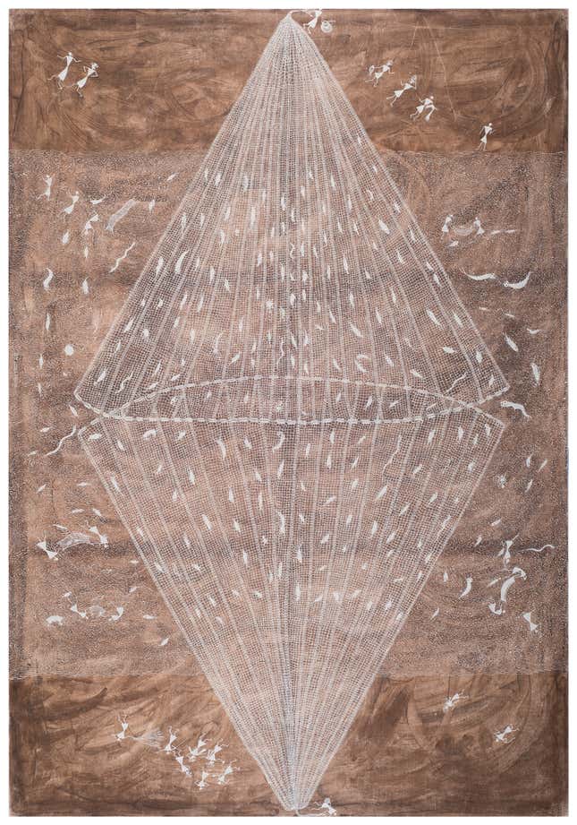 Untitled, cow dung and acrylic on raw canvas, by the Warli artist Sada Shiv Mashe.