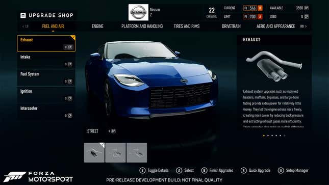 Pre-release in-game screenshot of Forza Motorsport Car Upgrade Shop menu