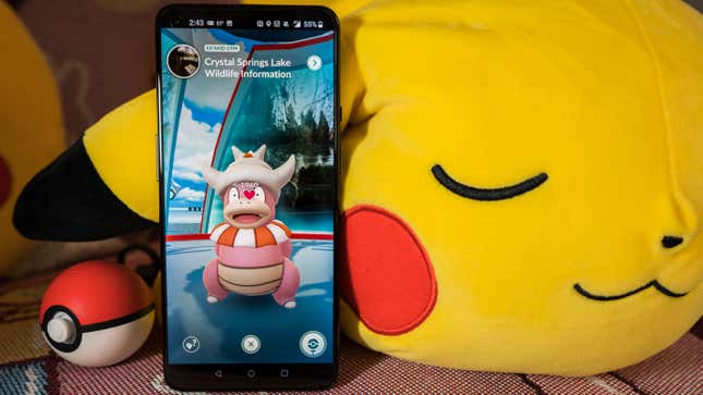 A photo of a smartphone with a screenshot of Pokemon Go laying against a stuffed Pikachu pillow and placed right next to the Switch Pokeball controller
