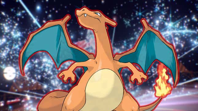 Art of the Pokémon Charizard appears over a screenshot of a tera raid battle in Pokémon Scarlet and Violet.