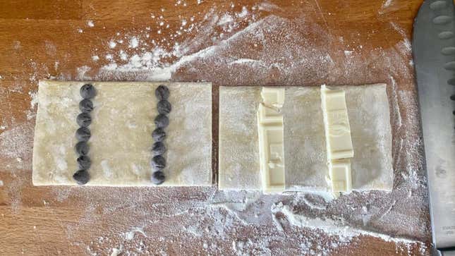 Chocolate morsels on the left, and a cut-up white chocolate bar on the right.