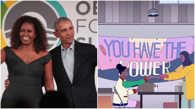 (L-) Barack Obama and his wife Michelle close the Obama Foundation Summit on October 29, 2019 in Chicago, Illinois. (R-) A still from their upcoming Netflix series, We the People.