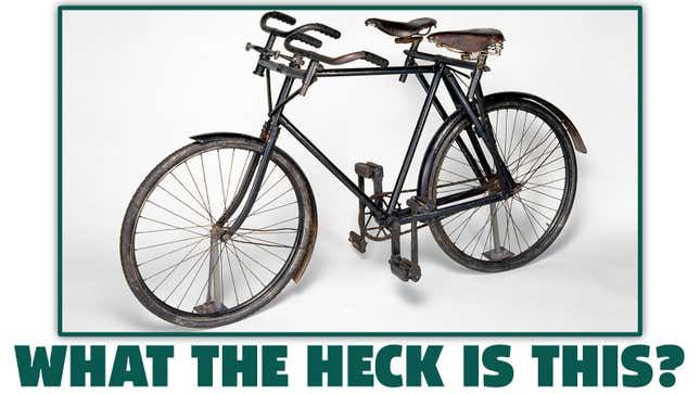 A photo of a sociable two-person bike with the caption "what the heck is this?" 