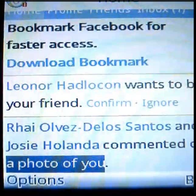 Facebook Zero on a feature phone accessing the Sun Cellular network in the Philippines