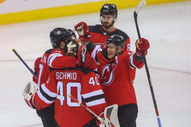 Apr 27, 2023; Newark, New Jersey, USA; The New Jersey Devils celebrate their win over the New York Rangers in game five of the first round of the 2023 Stanley Cup Playoffs at Prudential Center.