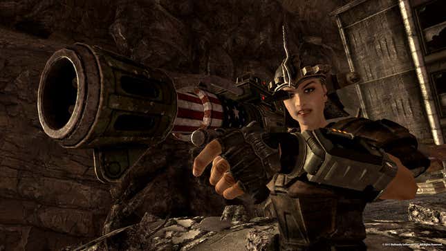 A Fallout: New Vegas character points a gun.