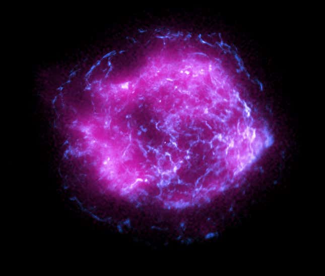 Supernova remnant Cassiopeia A, with IXPE data in magenta.