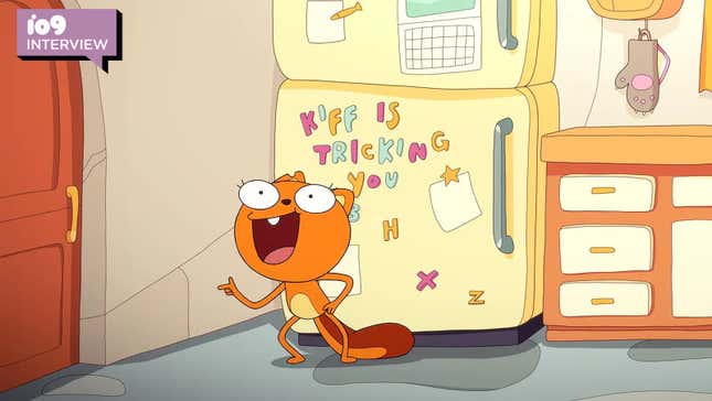 An animated squirrel in front of a refrigerator covered in letter magnets.