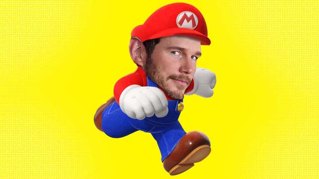 Chris Pratt's head on Mario's running body with a yellow background. 