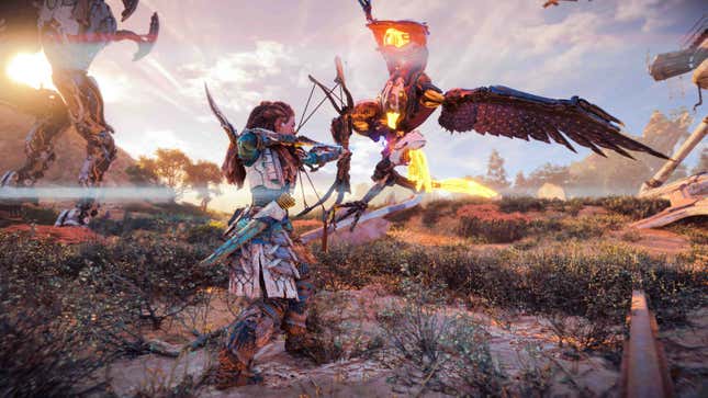 Aloy shoots a bird with a bow in Horizon Forbidden West on PS5.
