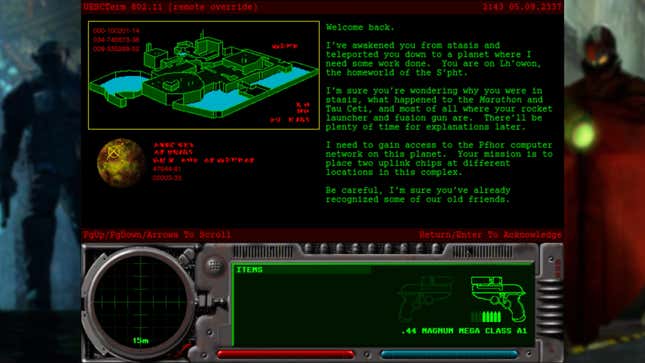 A composite image of a screenshot from Marathon and art shows a terminal with story content.
