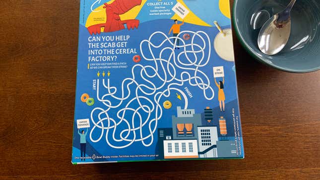 Image for article titled ‘Can You Help The Scab Get Into The Cereal Factory?’ Read Instructions On Back Of Kellogg’s Box