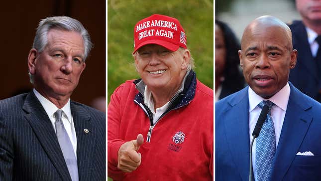 Left to right: Sen. Tommy Tuberville (R-Ala.), former president Donald Trump (R), and New York City Mayor Eric Adams (D)