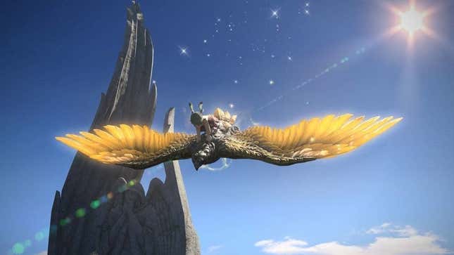 a human with ears riding a big bird in the sky in final fantasy xiv