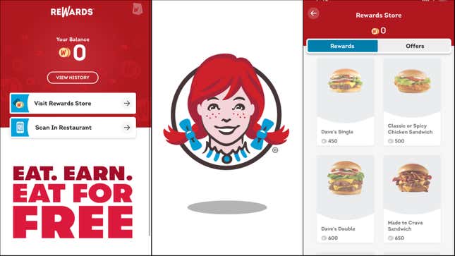 Screentshots from Wendy's mobile ordering and rewards app