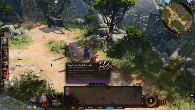The Baldur's Gate 3 menu shows the Toggle Non-Lethal Attacks option.