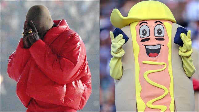 On left: Kanye West in a red jacket. On right: A hot dog mascot