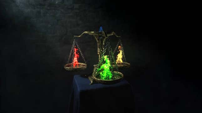 An image of a three-pronged scale with a red, yellow, and green flame.