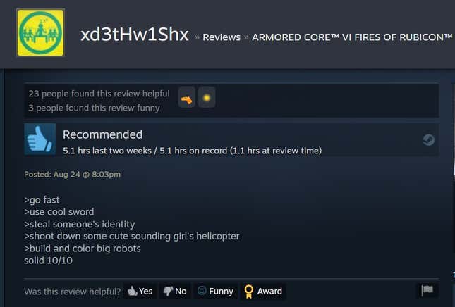 Image for article titled Armored Core VI, As Told By Steam Reviews