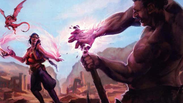 A fantasy character casts a spell on an opponent.