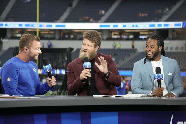Aug 19, 2022; Inglewood, California, USA; Los Angeles Rams coach Sean McVay (left) is interviewed by Ryan Fitzpatrick (center) and Richard Sherman on the Amazon Prime Thursday Night Football set before the game against the Houston Texans at SoFi Stadium.