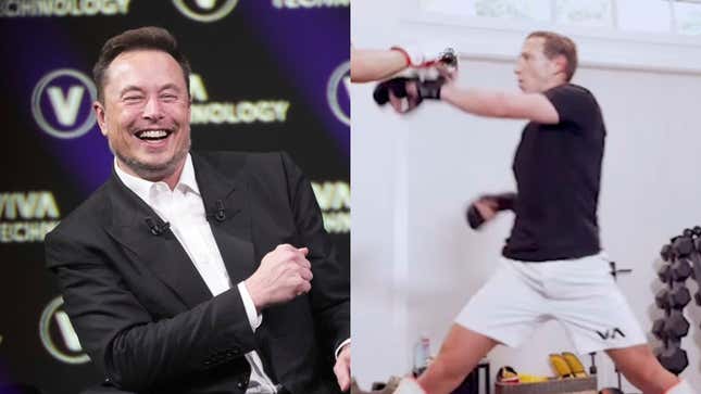 Elon Musk riendo y Mark Zuckerberg practicando artes marciales mixtas