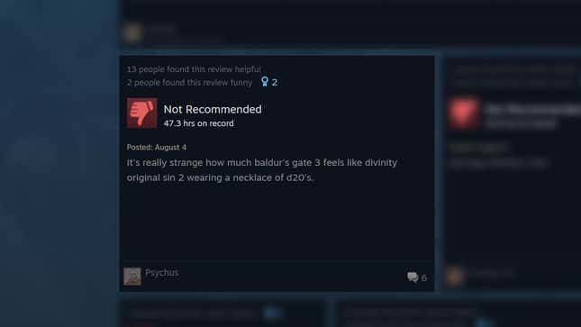 A negative review says: "It's really strange how much Baldur's Gate 3 feels like Divinity Original Sin 2 wearing a n necklace of d20's."