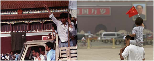 LEFT: A demonstrator gives the victory sign as workmen finish putting a drap over a huge protrait of Chairman Mao on the Gate of Heavenly Peace, May 1989. RIGHT: In front of a portrait of China’s late Chairman Mao Zedong at Tiananmen Square in Beijing, June 2013
