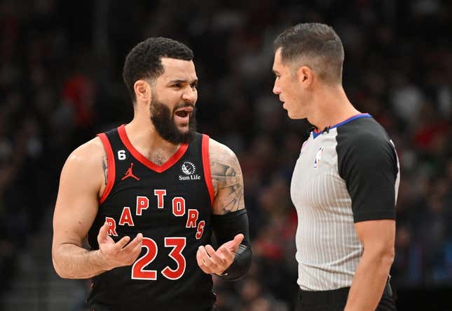 Mar 22, 2023; Toronto, Ontario, CAN;  Toronto Raptors guard Fred VanVleet (3) discusses a call with game official Jason Goldenberg (35) in the first half against the Indiana Pacers at Scotiabank Arena.