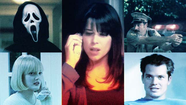 Clockwise from upper left: Ghostface in Scream 4, Neve Campbell in Scream 4, David Arquette in Scream 4, Timothy Olyphant in Scream 2, and Drew Barrymore in Scream (Screenshots)