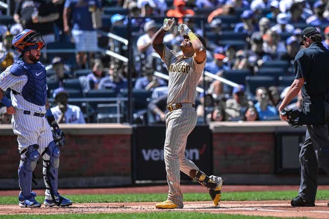 Apr 12, 2023; New York City, New York, USA; San Diego Padres left fielder Juan Soto (22) reacts after hitting a two-run home run against the New York Mets during the first inning at Citi Field.