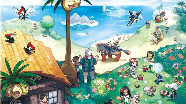 A piece of art shows Pokémon creatures and humans hanging together on a beach. 