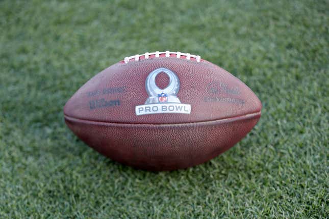 A Pro Bowl football is seen on the turf at the 2022 Pro Bowl Skills Showdown Wednesday, February 2, 2022, in Las Vegas.