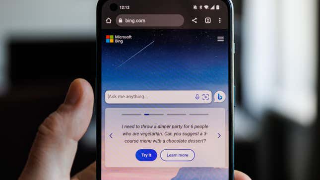 Close up shot of new Bing chatbot on smartphone. Microsoft Bing is new AI CHAT bot launched by Microsoft