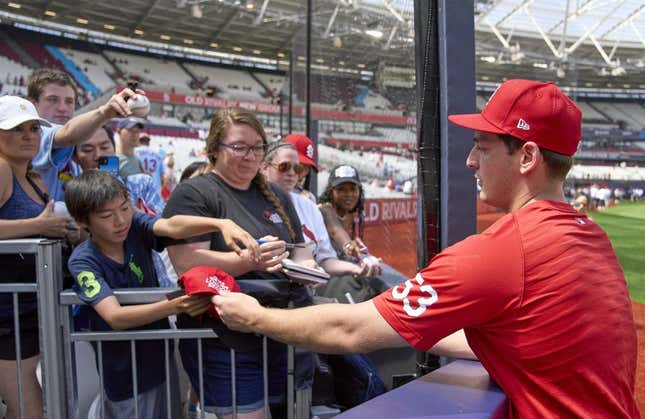 Jun 25, 2023; London, GBR, ENG; St. Louis Cardinals starting pitcher Andre Pallante (53) signs autographs for fans before London series game two against the Chicago Cubs at London Stadium.
