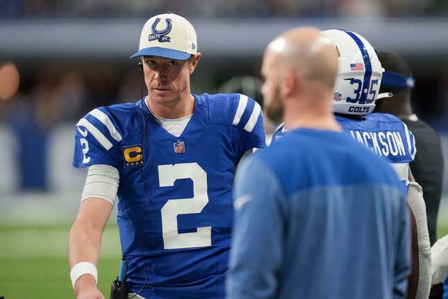 Indianapolis Colts quarterback Matt Ryan (2) walks on the sideline Sunday, Jan. 8, 2023, during a game against the Houston Texans at Lucas Oil Stadium in Indianapolis.