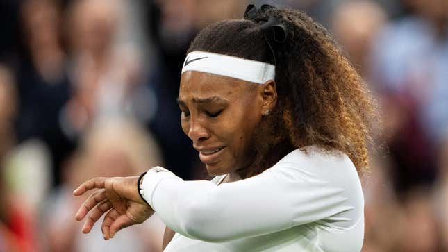 Serena Williams reacts in her Ladies’ Singles First Round match against Aliaksandra Sasnovich of Belarus during Day Two of The Championships - Wimbledon 2021 at All England Lawn Tennis and Croquet Club on June 29, 2021 in London, England. 