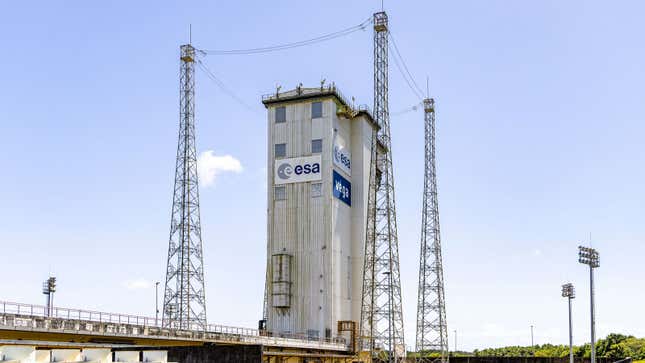 A photo of a European Space Agency shelter covering a space rocket. 
