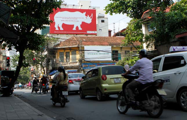 A giant poster in Hanoi, Vietnam, encouraging passersby to stop using rhino horn