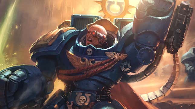 Warhammer 40k's MTG crossover showcases a space marine rallying the troops for higher revenues. 