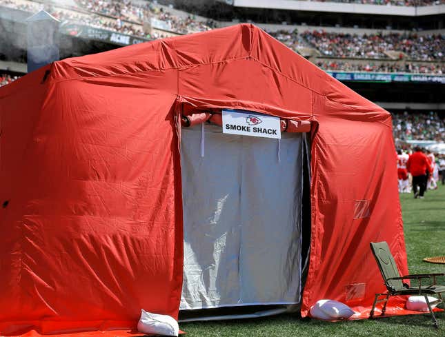 Image for article titled Chiefs Medical Staff Help Critically Hungry Andy Reid Into Meat-Smoking Tent