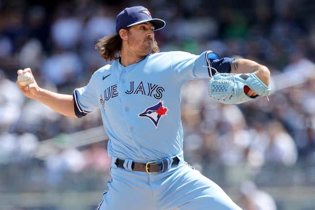 Apr 23, 2023; Bronx, New York, USA; Toronto Blue Jays starting pitcher Kevin Gausman (34) pitches against the New York Yankees during the first inning at Yankee Stadium.
