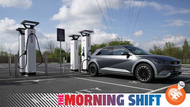A photo of a Hyundai electric car charging with The Morning Shift caption below. 