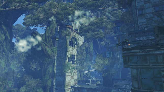 A dilapidated, overgrown stone tower stands in a forest-y ruin.