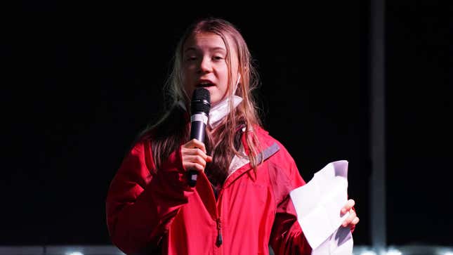Swedish climate activist Greta Thunberg speaks on the stage of a demonstration in Glasgow, Scotland.