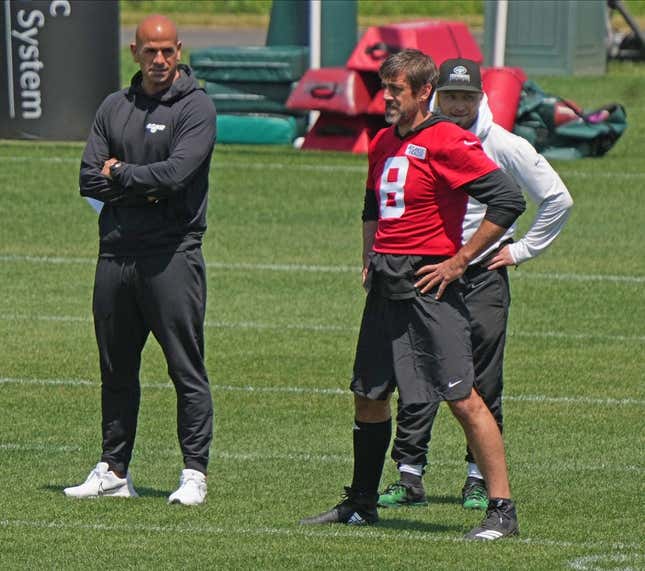 Florham Park, NJ May 31, 2023 -- Head coach Robert Sales and Aaron Rodgers during the Jets OTA.
