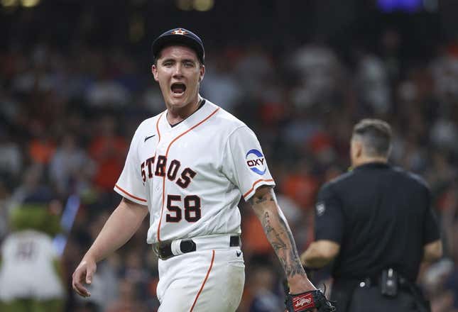 Jun 13, 2023; Houston, Texas, USA; Houston Astros starting pitcher Hunter Brown (58) shouts after a play during the seventh inning against the Washington Nationals at Minute Maid Park.